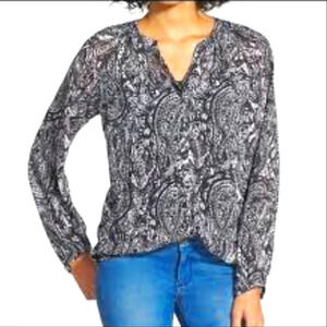 Kut From The Kloth Black & White Sheer Long Sleeve Split Collar Button Up Medium